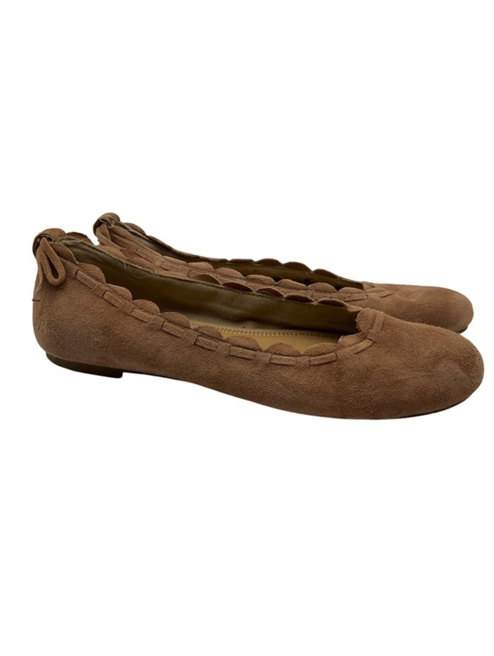 Jack Rogers 6 Lucie Scalloped Tan Suede Ballet Flats Shoes Bow Cushioned Preppy*